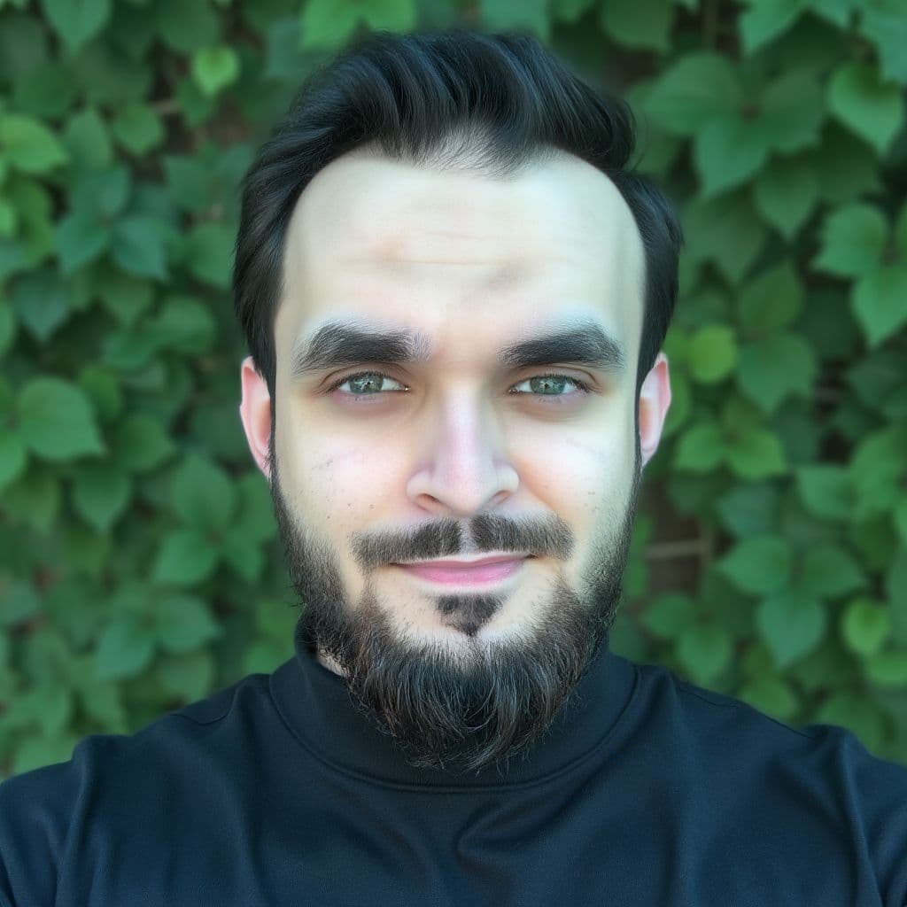 AI headshot of a man in a navy polo in front of a bookshelf