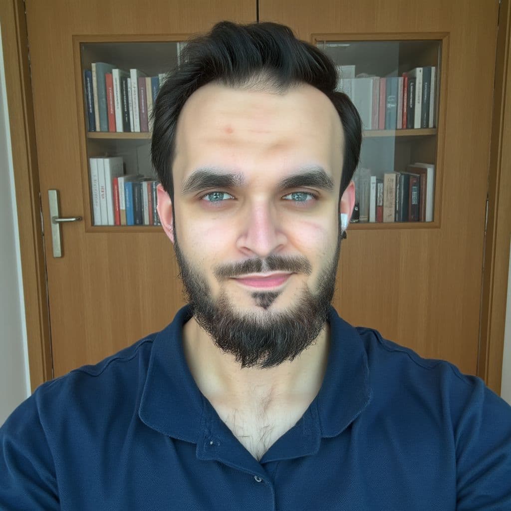 AI headshot of a man in a black turtleneck against greenery