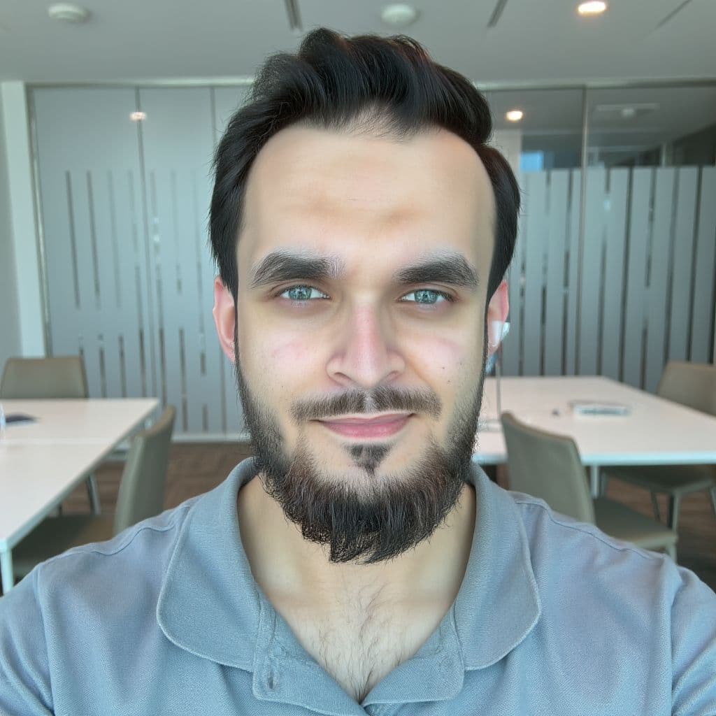AI headshot of a man in a light polo in an office